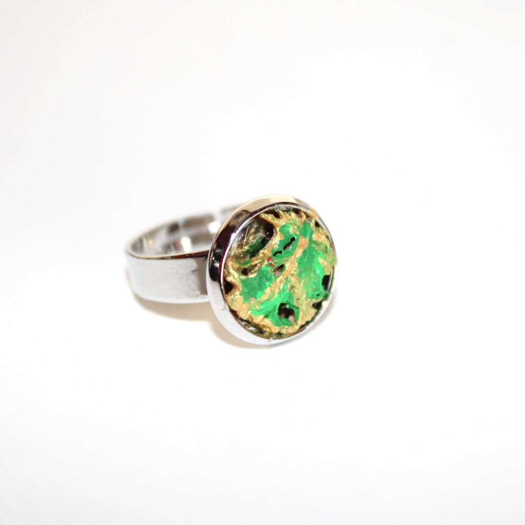 Anello collezione "Natura" rodiato argento in fibra di fico d'india oro e verde