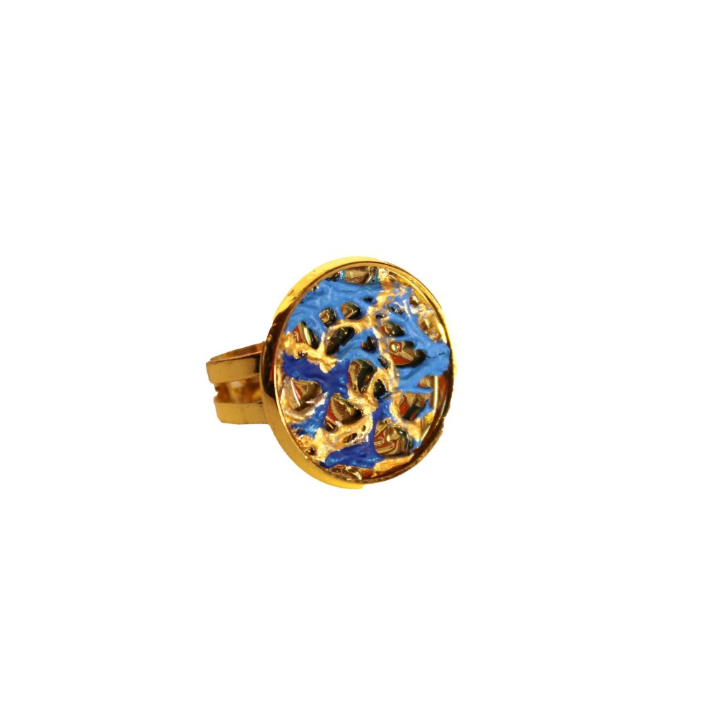 Anello collezione "Natura" rodiato dorato in fibra di fico d'india oro e blu
