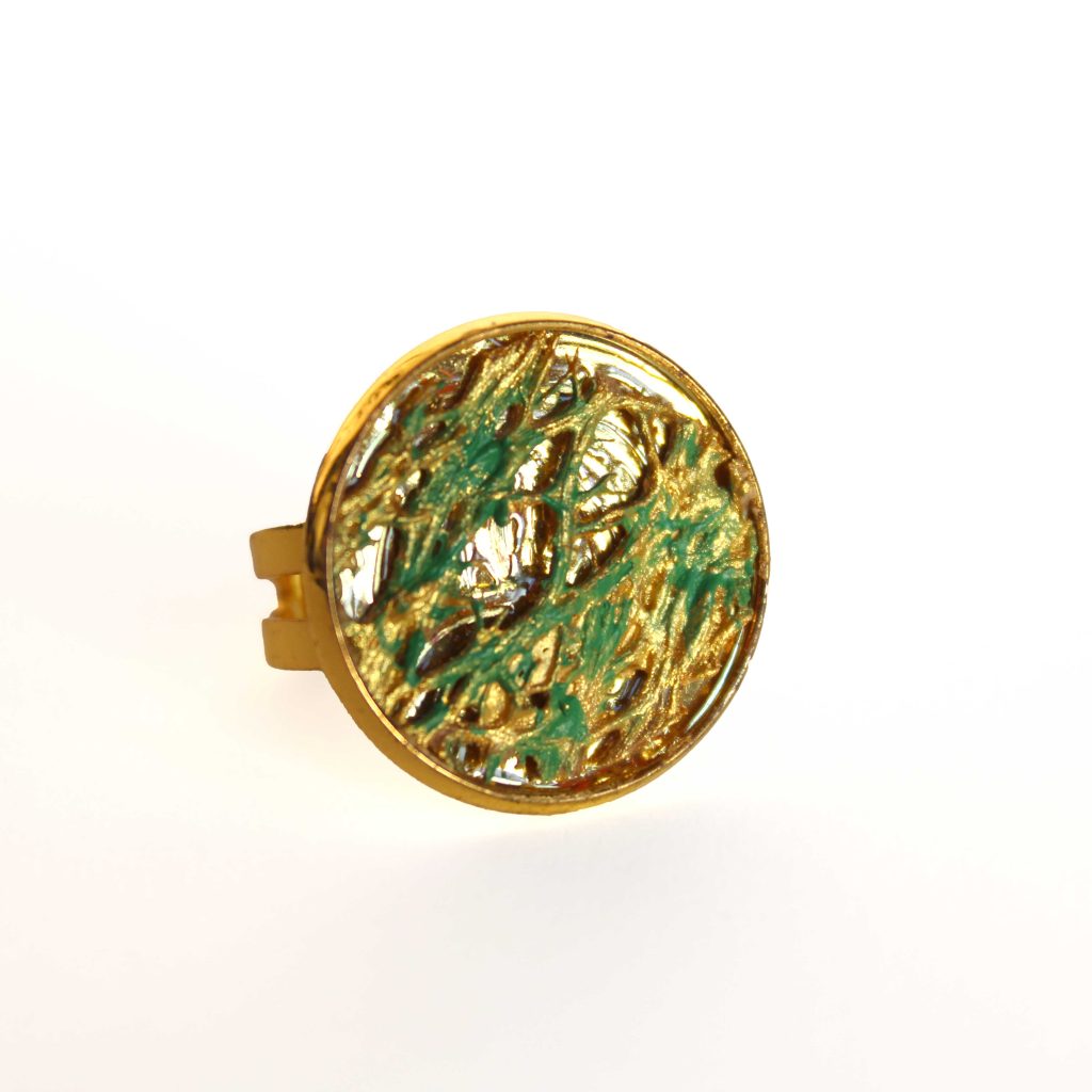 Anello collezione "Natura" rodiato dorato in fibra di fico d'india oro e verde