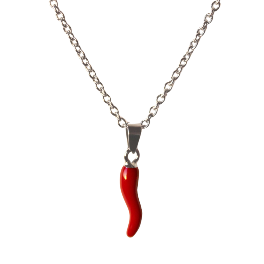 Collana collezione "Amuleto Rosso" in acciaio argentato con pendente corno rosso portafortuna